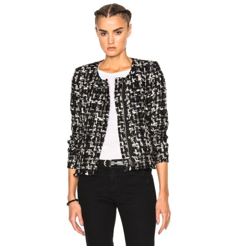 IRO Nalokie Tweed Boucle Wool Cropped Blazer Jacket in Black & White Size 34